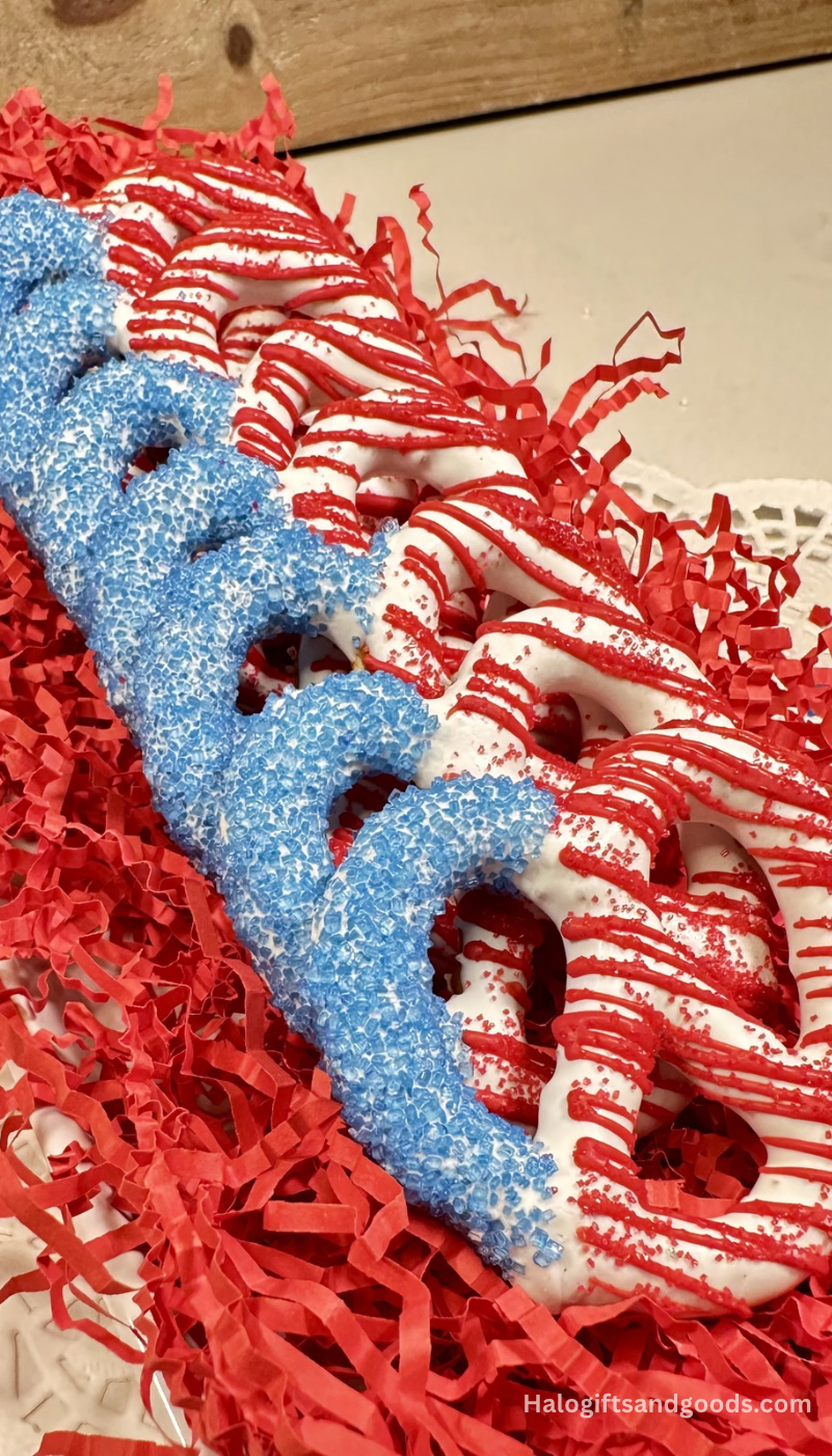 American Flag Chocolate-Covered Pretzel Twists for 4th of July