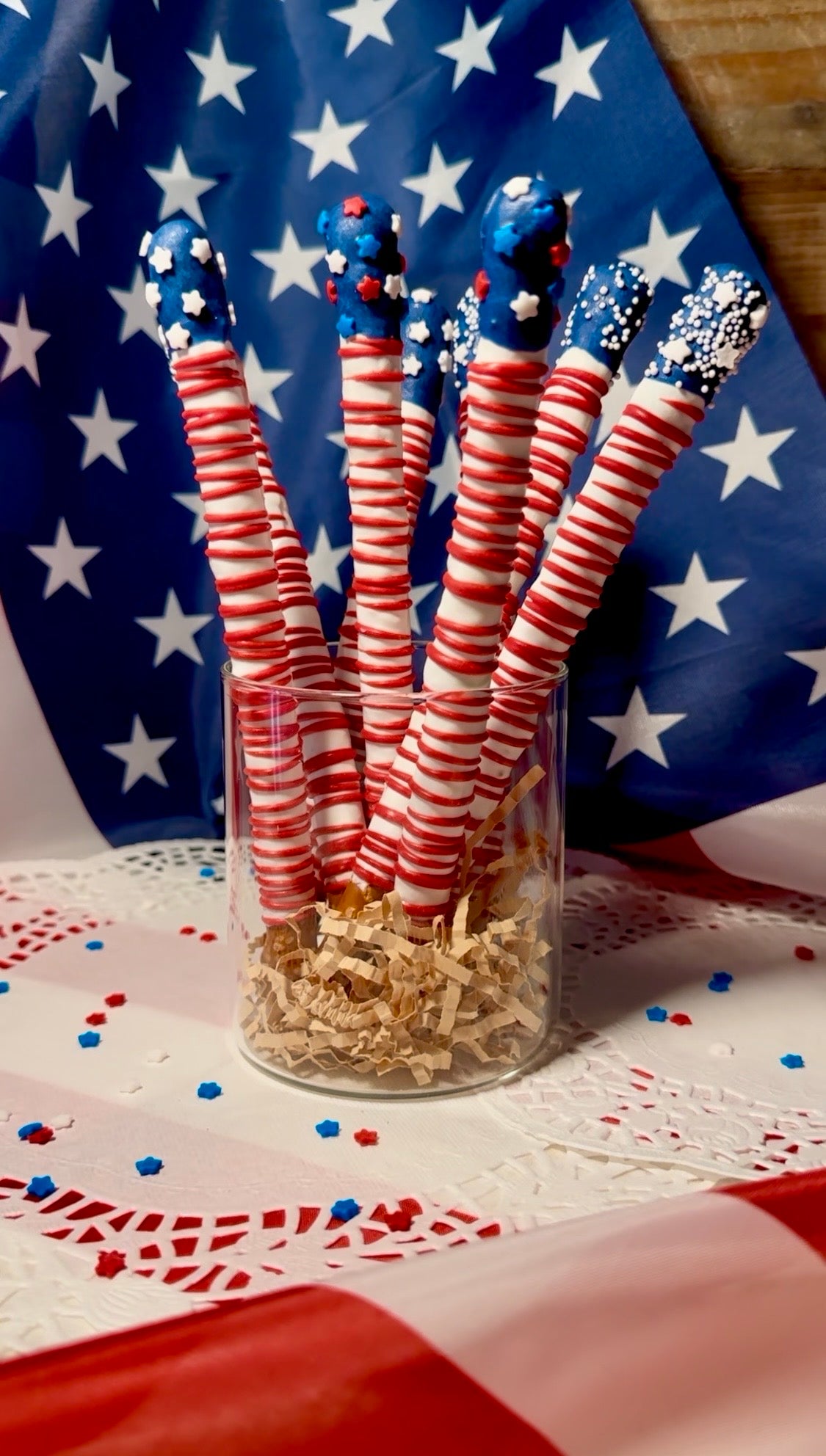 American Flag Chocolate-Dipped Pretzel Rods for 4th of July