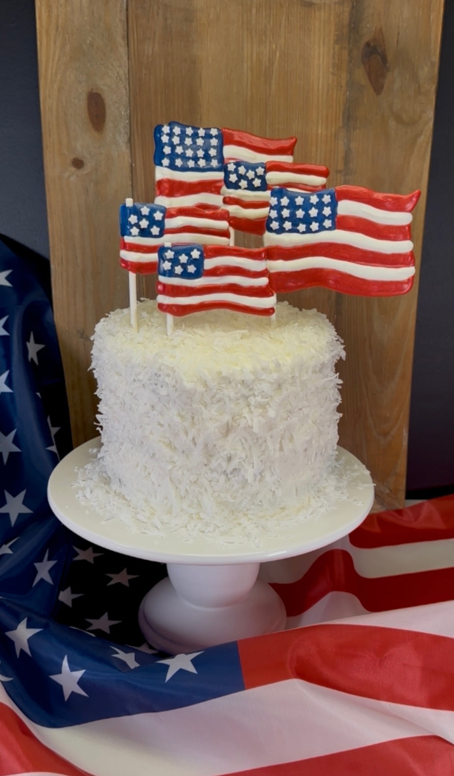 Patriotic Coconut Cake with Chocolate American Flags